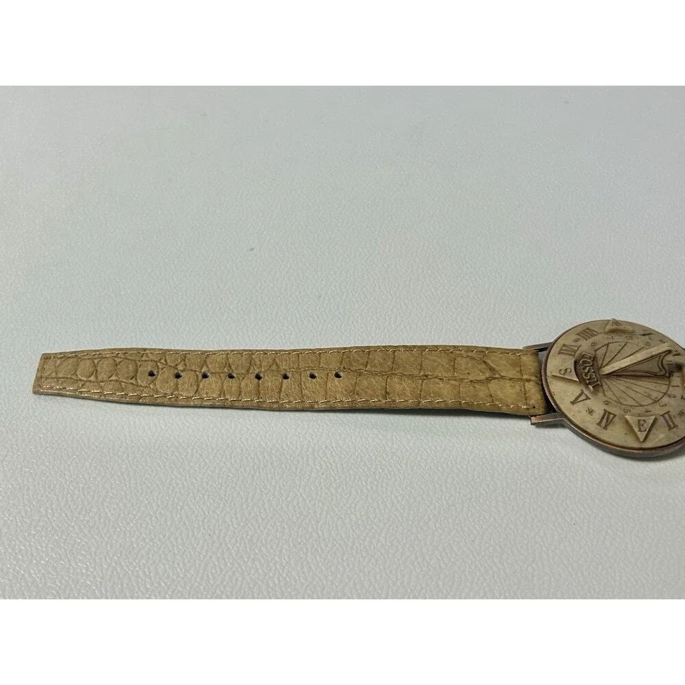 Vintage Sundial Fossil Brown Leather Analog Watch Novelty Wristwatch